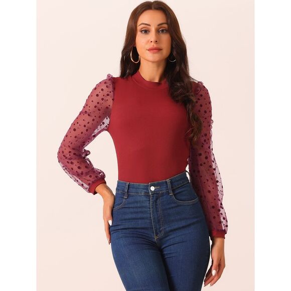 Mock Neck Bodysuit Long Mesh Sheer Sleeve Fit Bodysuits Dark Red - Picture 3 of 5